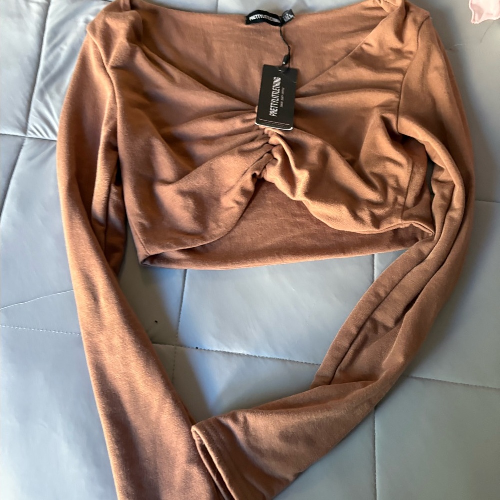 PrettyLittleThing Tan Ruched Long Sleeve Blouse